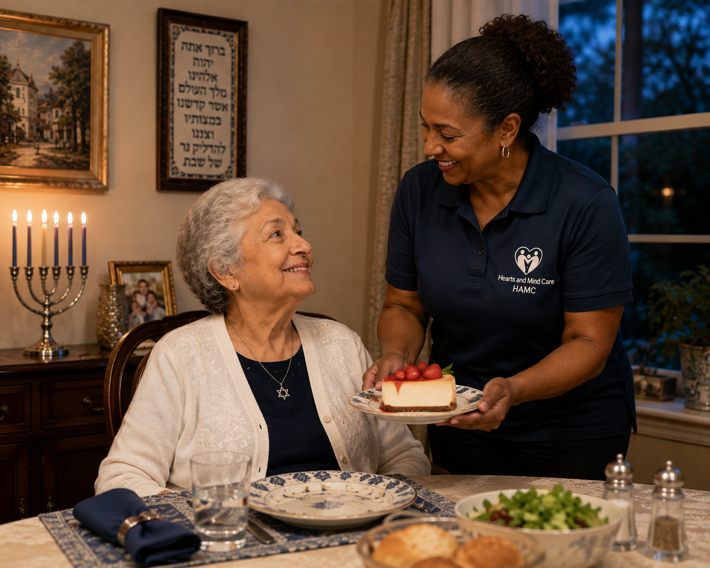 An elderly Jewish woman enjoying strawberry cheesecake served by a Hearts and Mind Care aide.