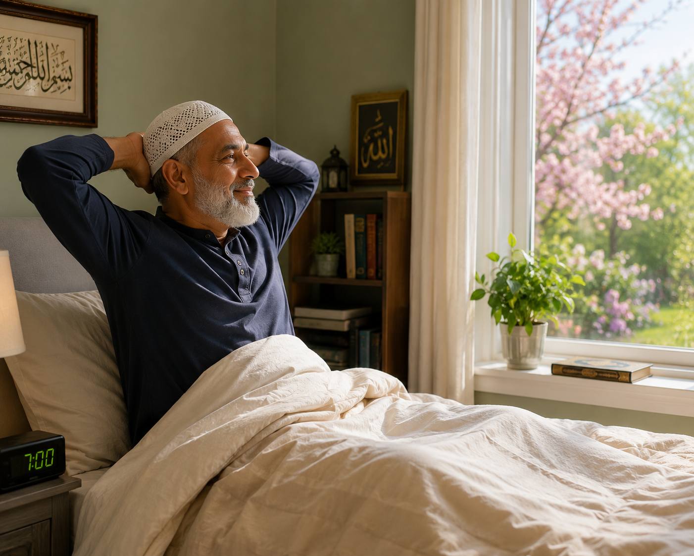 A Muslim American man awakening peacefully to a spring morning.