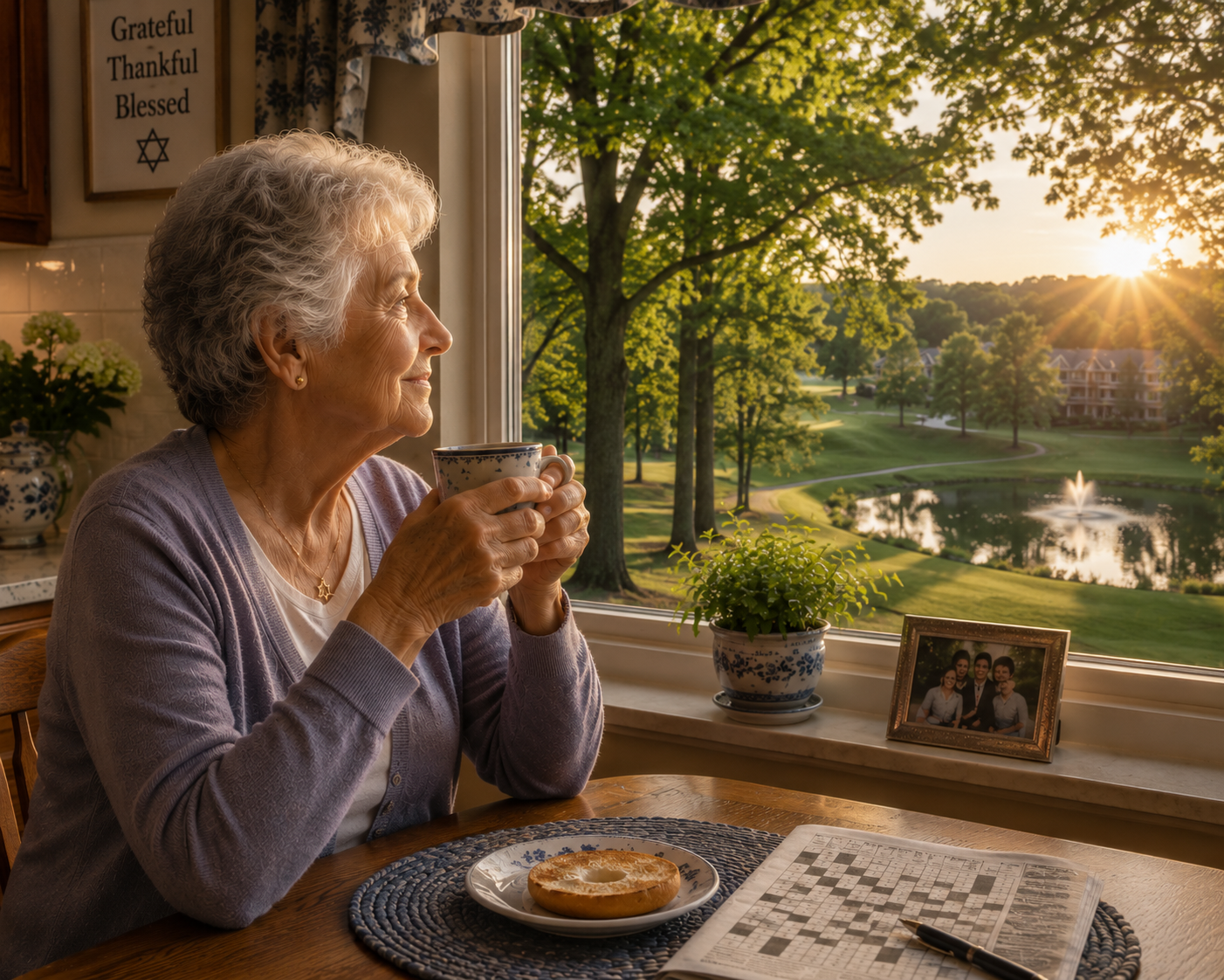 An elderly woman enjoys morning coffee
                  and a crossword while sunrise filters
                  through sugar maples beside
                  Leisure World's golf course and pond.