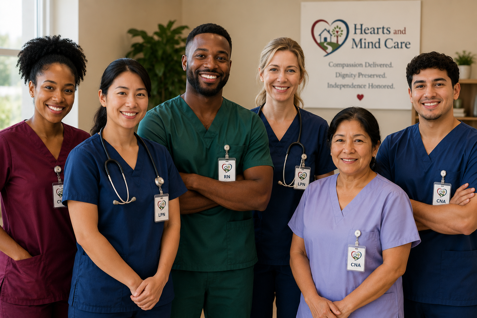 A diverse group of prospective
          Hearts and Mind Care caregivers,
          including RNs, LPNs, and CNAs.